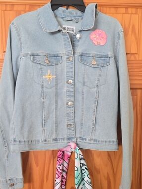 Light Blue Denim Jacket with Pink Rose Patch